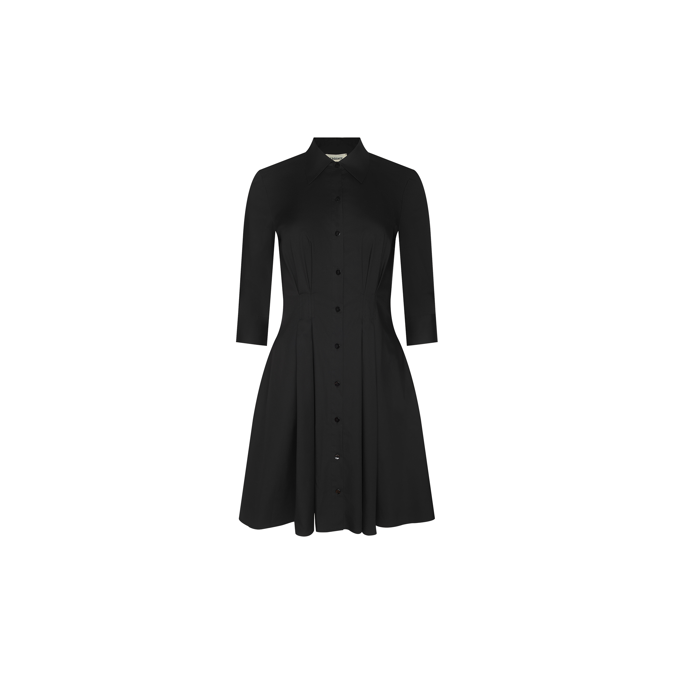 Introducing the Journi Shirt Dress: a black, knee-length shirt dress made from cotton-blend poplin, featuring three-quarter sleeves, a fitted waist, pintuck detailing, and a classic collar—beautifully displayed on a plain white background.