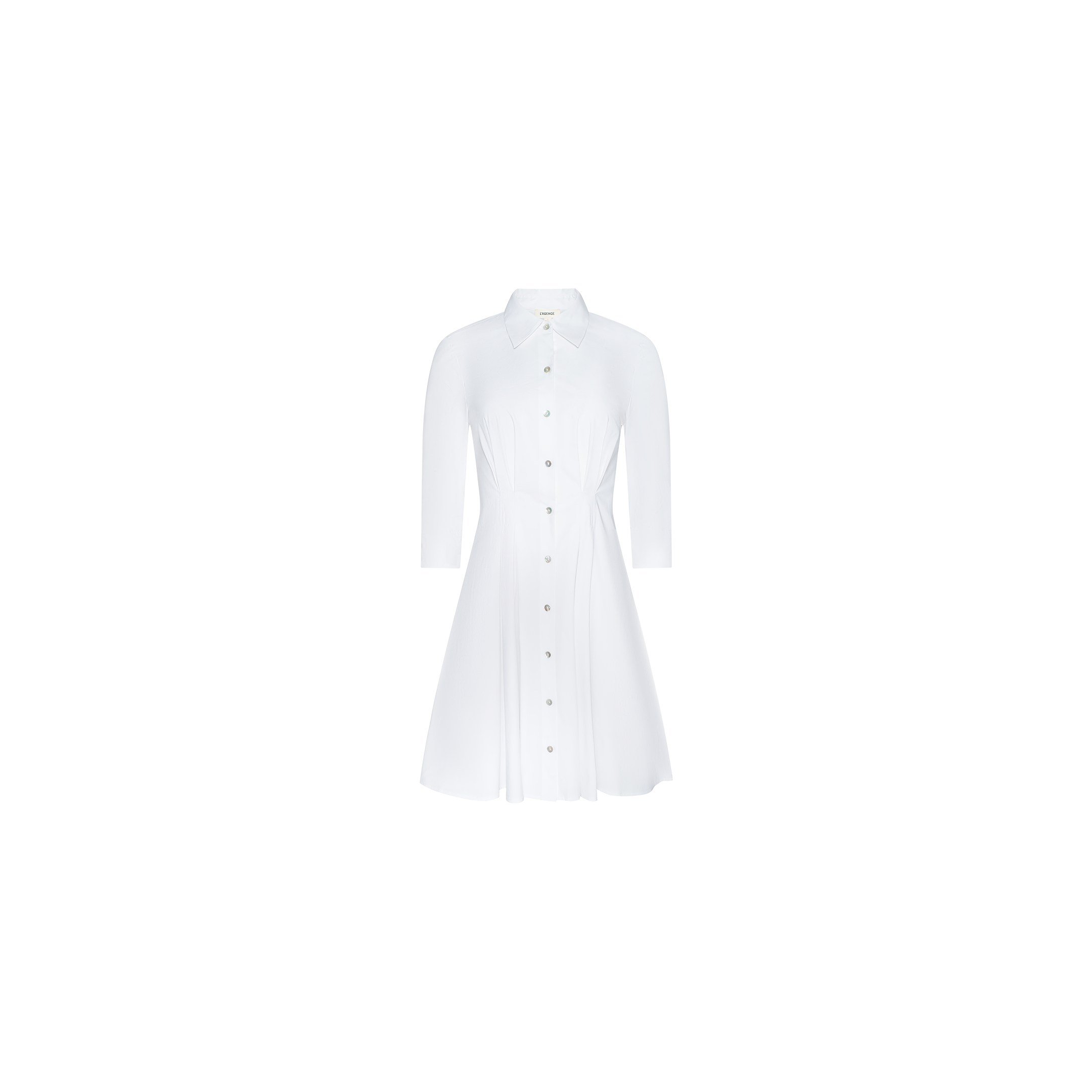 The Journi Shirt Dress is crafted from a cotton-blend poplin with a classic collar and three-quarter sleeves. This white button-down dress features a fitted waist and timeless silhouette that flares gently at the skirt, shown against a plain light background.