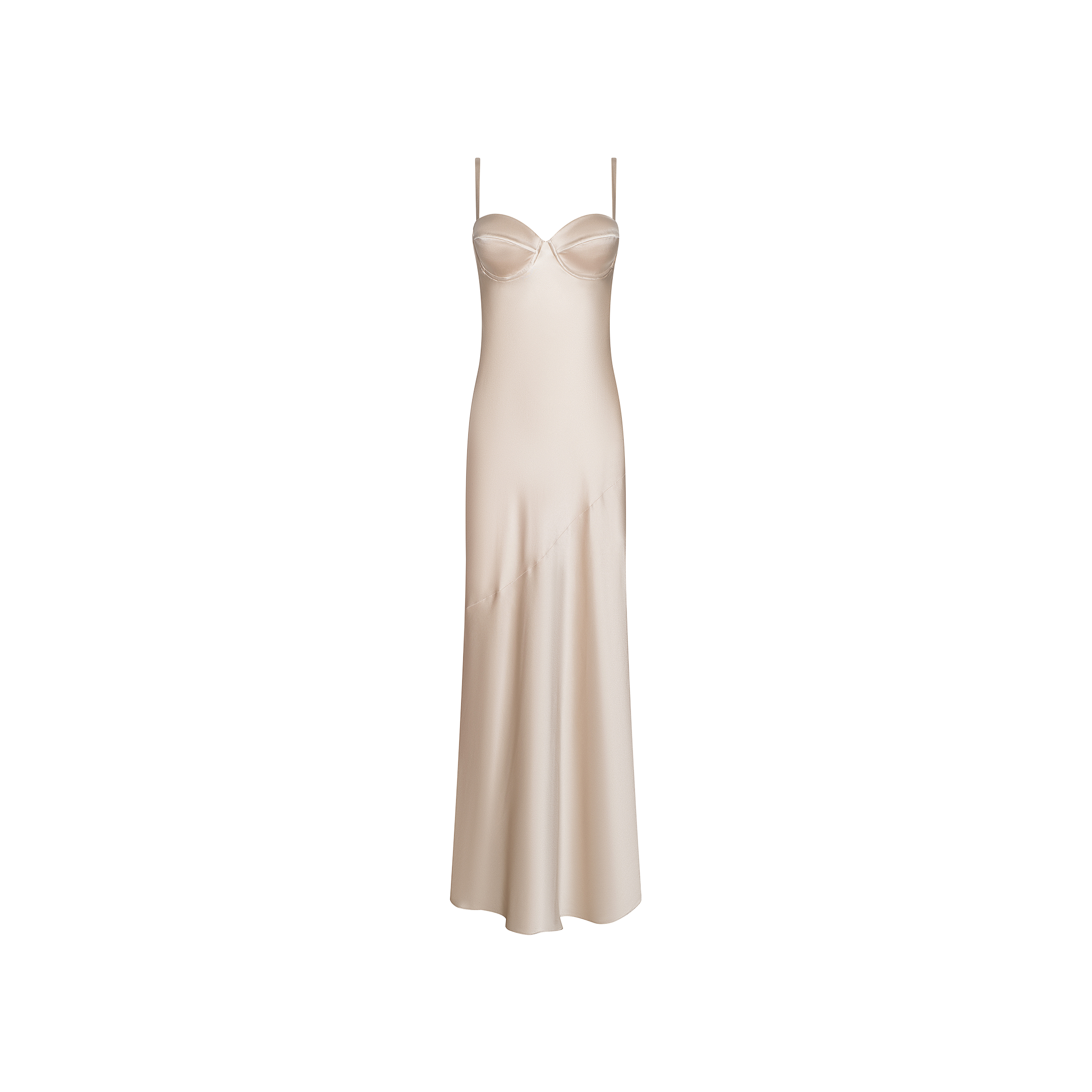 The Sayla Silk Gown, crafted in a cream-champagne satin with delicate spaghetti straps and a structured bust, features a long, flowing silhouette that exudes vintage glamour, beautifully presented against a plain white background.