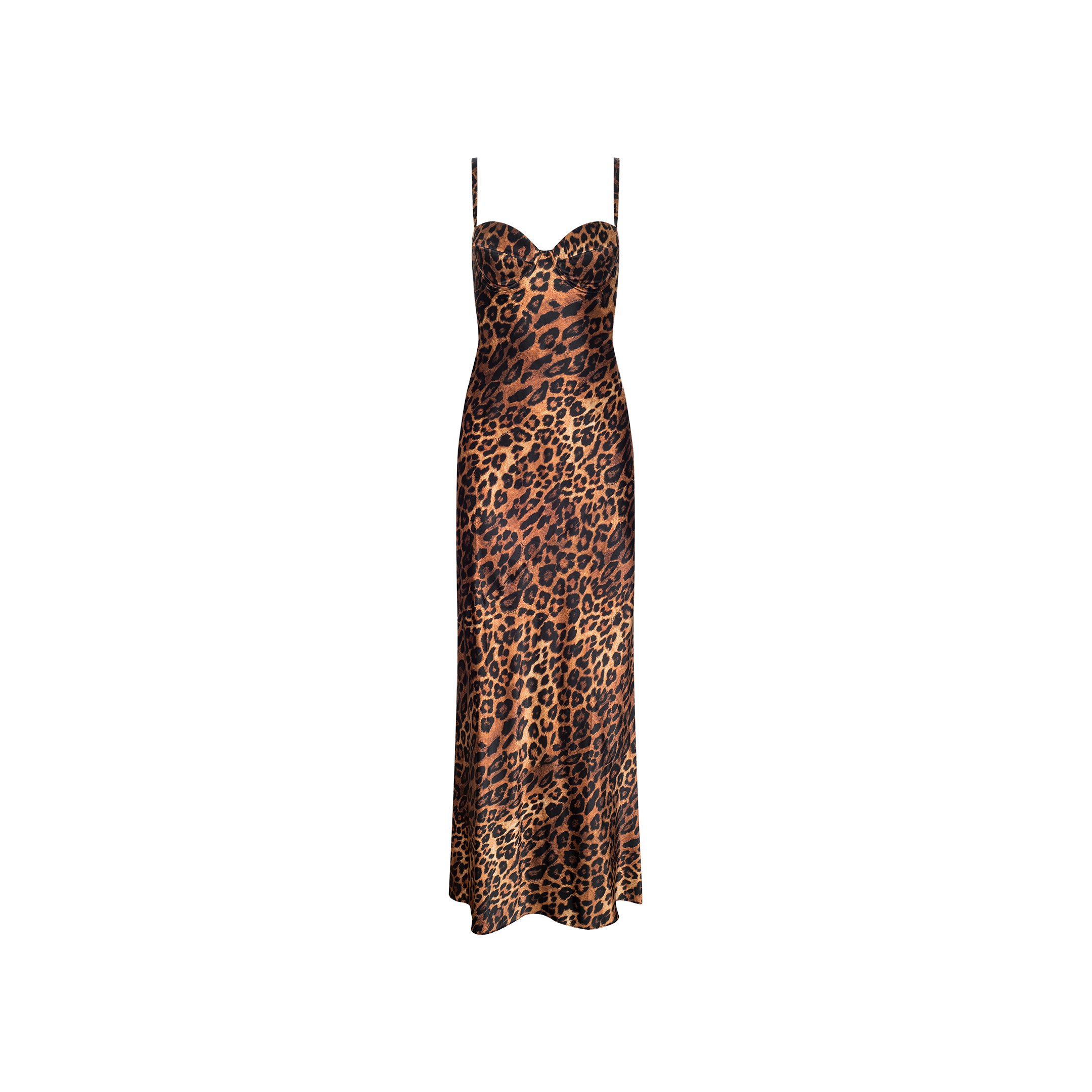 Sayla Silk Gown: A sleeveless, long slip silk gown with thin straps and a fitted bodice, showcasing a bold brown and black leopard print on a light background—perfect for making an entrance at any event.