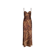 Sayla Silk Gown: A sleeveless, long slip silk gown with thin straps and a fitted bodice, showcasing a bold brown and black leopard print on a light background—perfect for making an entrance at any event.