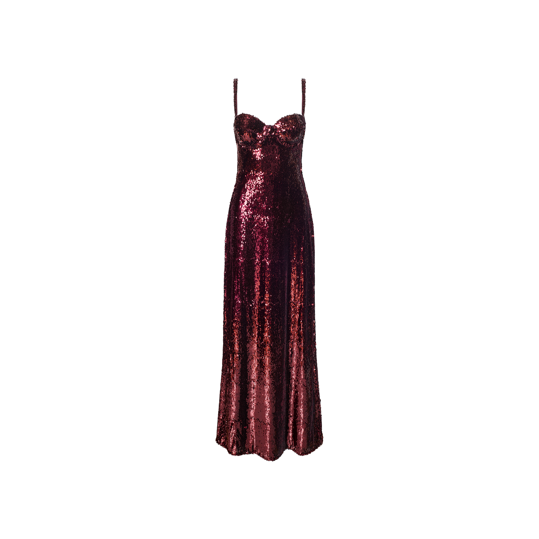 The Sayla Sequin Gown, a sleeveless burgundy dress featuring thin straps, a fitted bodice, and shimmering sequins, is displayed on a plain white background and exudes timeless vintage glamour.
