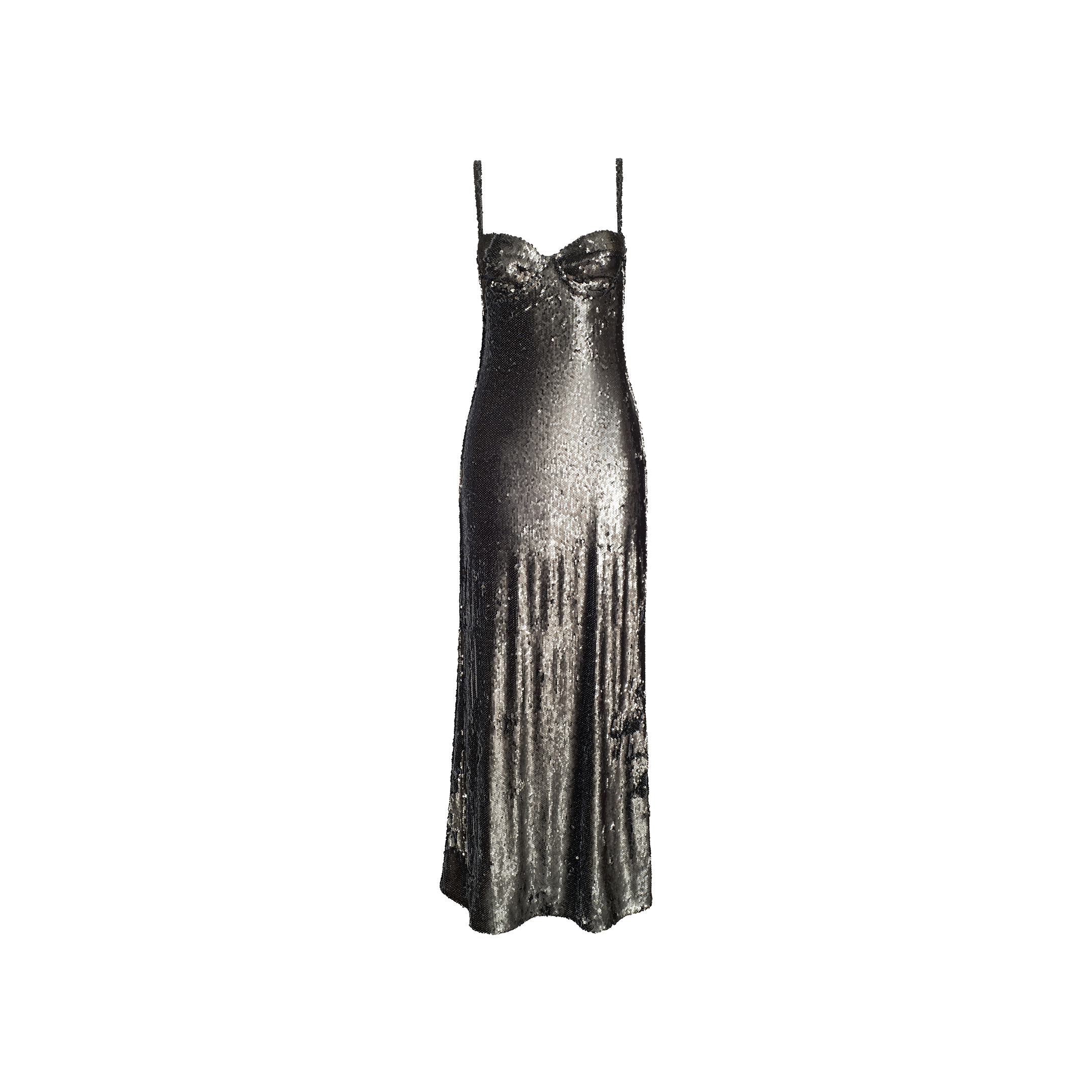 The Sayla Sequin Gown, a sleeveless slip dress featuring metallic silver sequins, thin spaghetti straps, and a fitted bodice that evokes vintage glamour, is displayed on a plain white background.