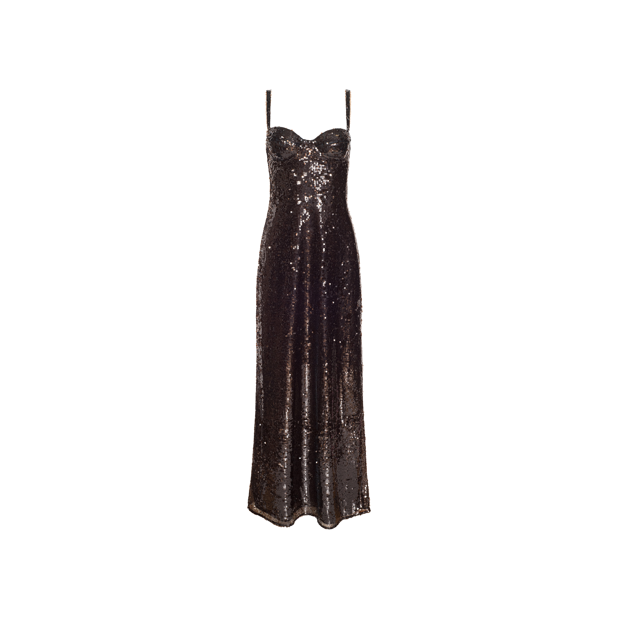 Sayla Sequin Gown—black sequin spaghetti strap midi dress with a sweetheart neckline, fitted bodice, and slight flare at the hem—creates an event-ready look, shown against a white background.