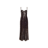 Sayla Sequin Gown—black sequin spaghetti strap midi dress with a sweetheart neckline, fitted bodice, and slight flare at the hem—creates an event-ready look, shown against a white background.