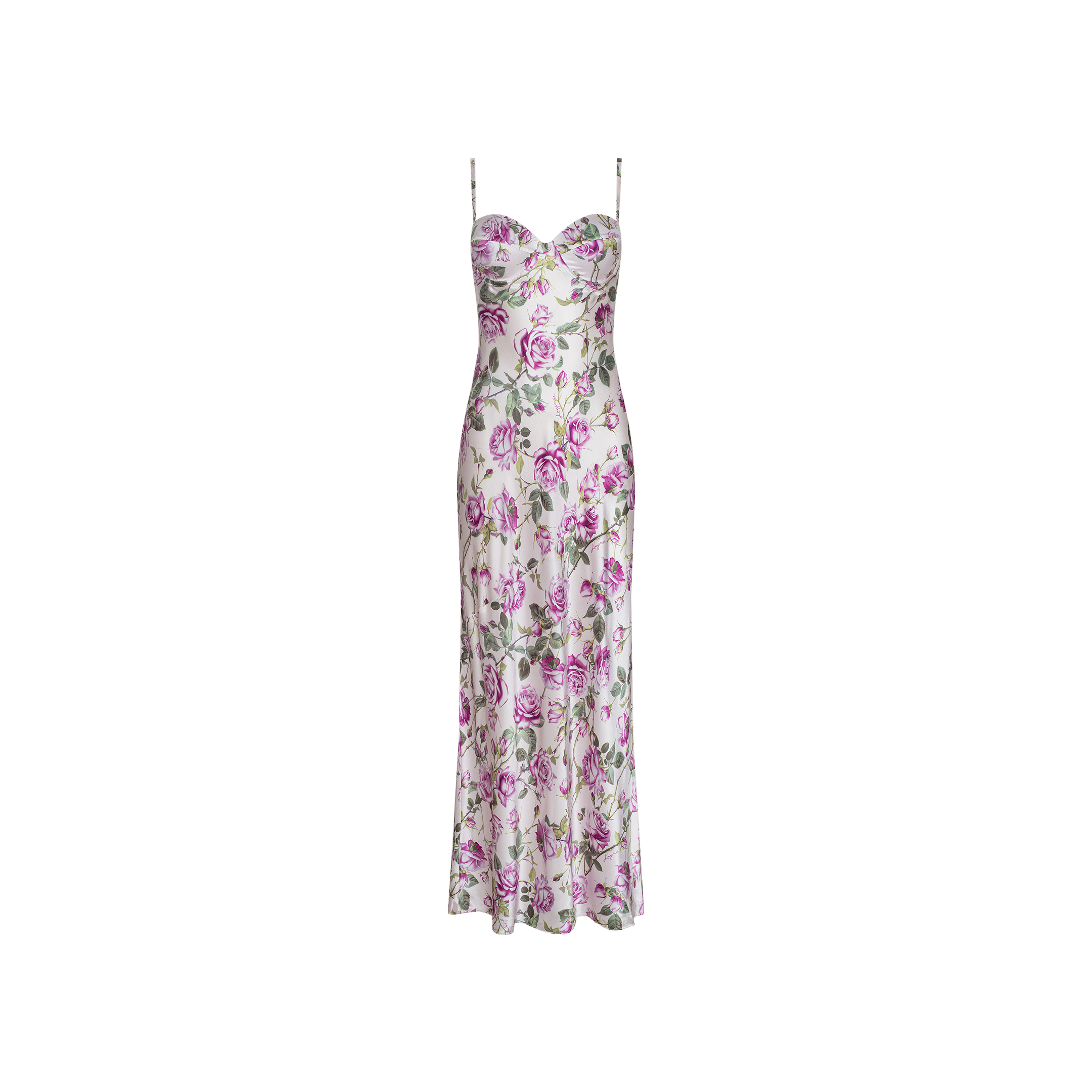 The Sayla Silk Gown is a sleeveless, ankle-length dress with thin straps and a fitted bodice, showcasing a white background adorned with a pink and green floral pattern for vintage glamour.
