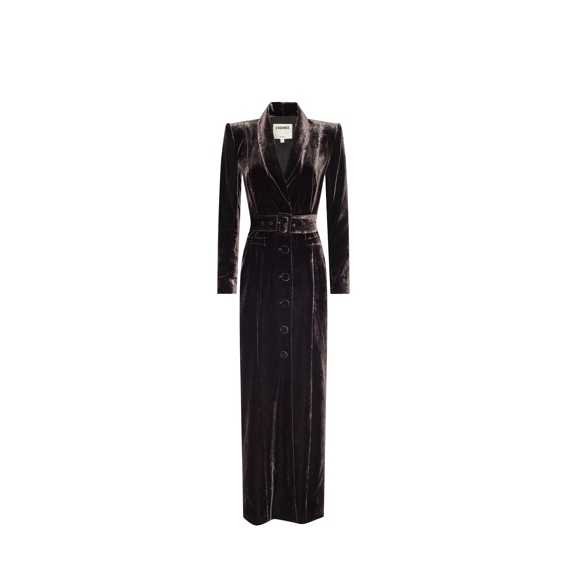 The Raini Velvet Maxi Dress, featuring a shawl collar, belted waist, button-down front, and long sleeves in a rich dark velvet fabric, is displayed on a white background.