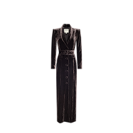 The Raini Velvet Maxi Dress, featuring a shawl collar, belted waist, button-down front, and long sleeves in a rich dark velvet fabric, is displayed on a white background.