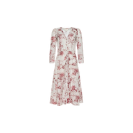 The Serafine Midi Dress is a long-sleeved, white midi dress adorned with a red floral and botanical print. Made from lightweight voile, it features a button-down front and V-neckline and is displayed against a plain white background.