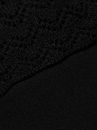 Close-up of two black fabrics: the upper half showcases the Reverie Pointelle Knit Bralette with its textured, openwork pointelle knit, while the lower half displays a smooth, tightly knit material.