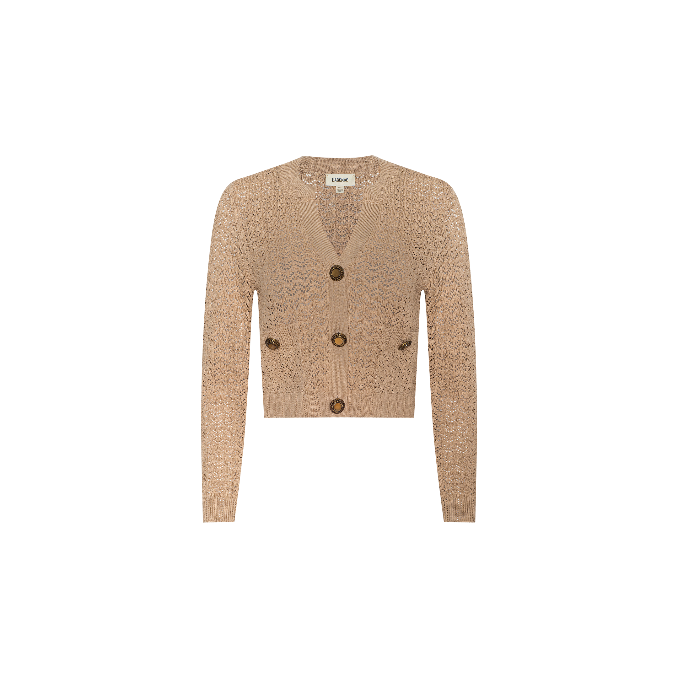 The Orla Pointelle Knit Cardigan is a beige, long-sleeve cardigan featuring a V-neck, three large brown buttons, and a cropped fit. This chic resort wear piece is crafted with a pointelle knit design and showcased against a plain white background.