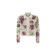 The Osiris Jacquard Cardigan is a long-sleeve knit featuring a pink and green rose motif, white trim, front buttons, two flap pockets, and a white collar, set against a plain background.