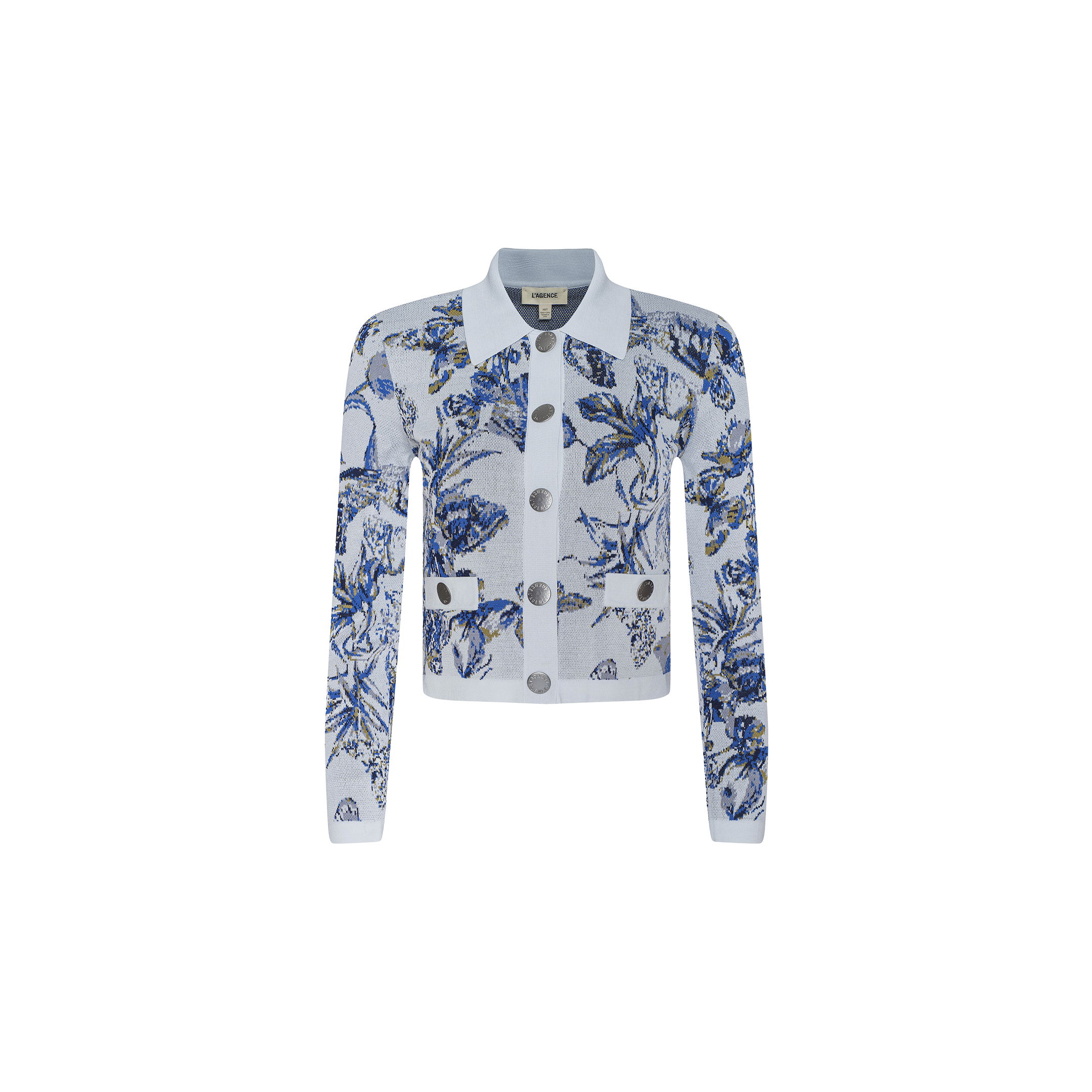 The Osiris Jacquard Cardigan is a light blue long-sleeve cardigan adorned with a floral pattern in blue and navy shades, showcasing large silver buttons, a butterfly motif in jacquard knit, and two front pockets. It is displayed on a plain white background.