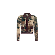 The Osiris Jacquard Cardigan is a long-sleeve, button-up piece featuring an intricate jacquard tapestry design of nature and statues in earthy tones, finished with a dark brown collar, hem, and cuffs.