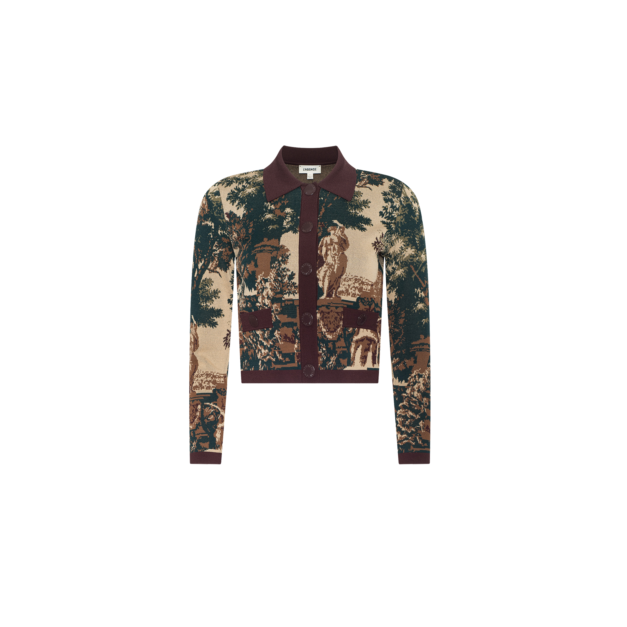 The Osiris Jacquard Cardigan is a long-sleeve, button-up piece featuring an intricate jacquard tapestry design of nature and statues in earthy tones, finished with a dark brown collar, hem, and cuffs.