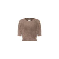 Light brown Guinevere Cropped Pullover, an ultra soft knit short-sleeve crewneck sweater with a fuzzy texture and round neckline, displayed on a plain white background. A small tag is visible near the bottom hem on the left side.