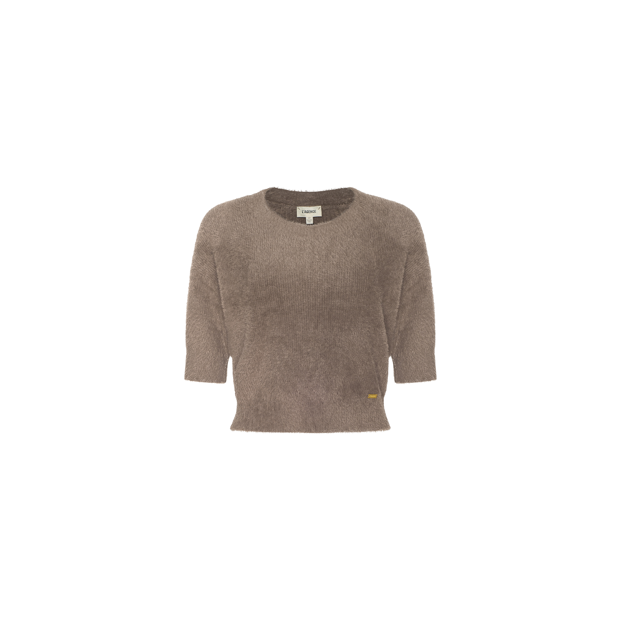 Light brown Guinevere Cropped Pullover, an ultra soft knit short-sleeve crewneck sweater with a fuzzy texture and round neckline, displayed on a plain white background. A small tag is visible near the bottom hem on the left side.