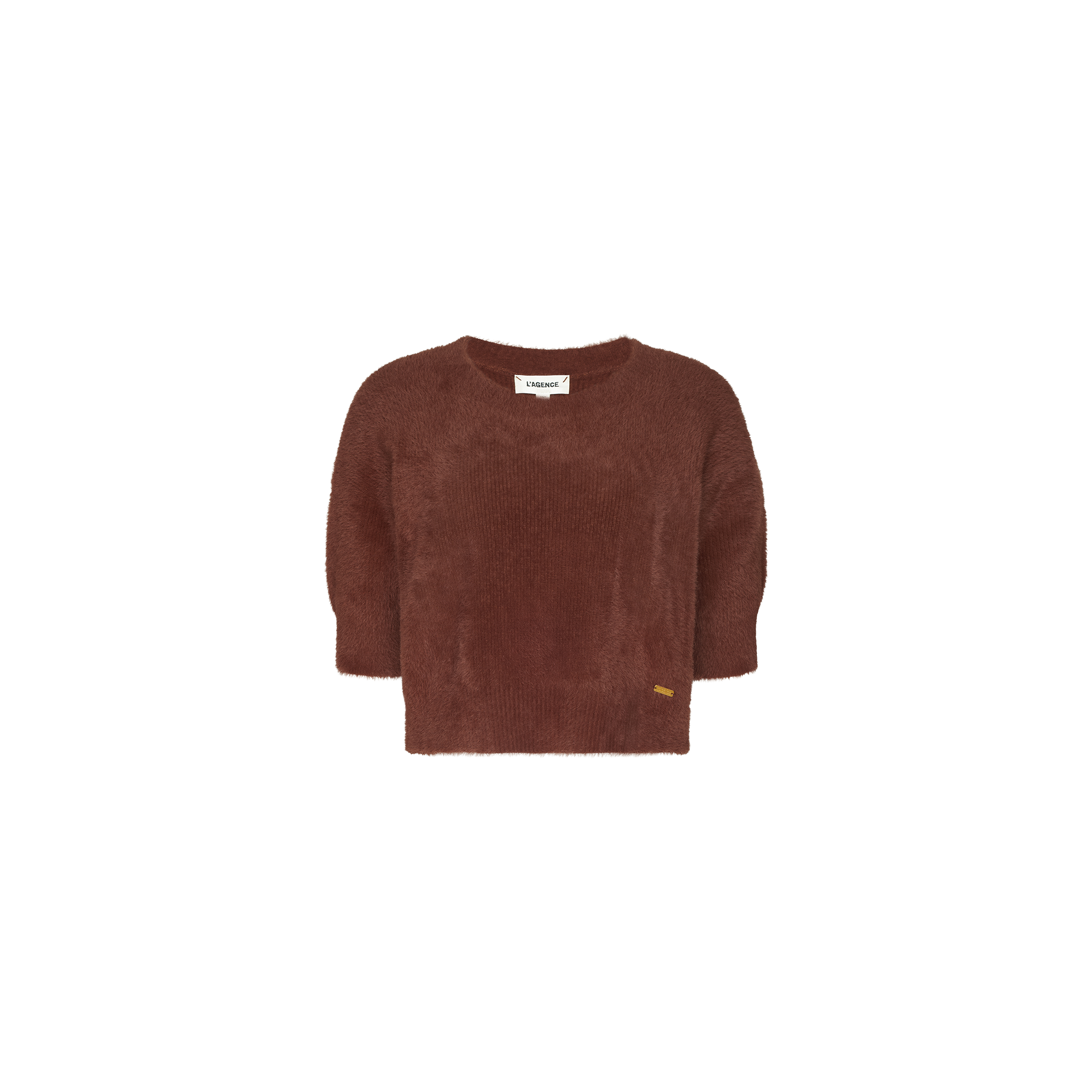 Guinevere Cropped Pullover—brown, ultra soft fuzzy knit crewneck sweater featuring three-quarter sleeves, a cropped silhouette, and a small rectangular label near the hem—displayed against a plain white background.