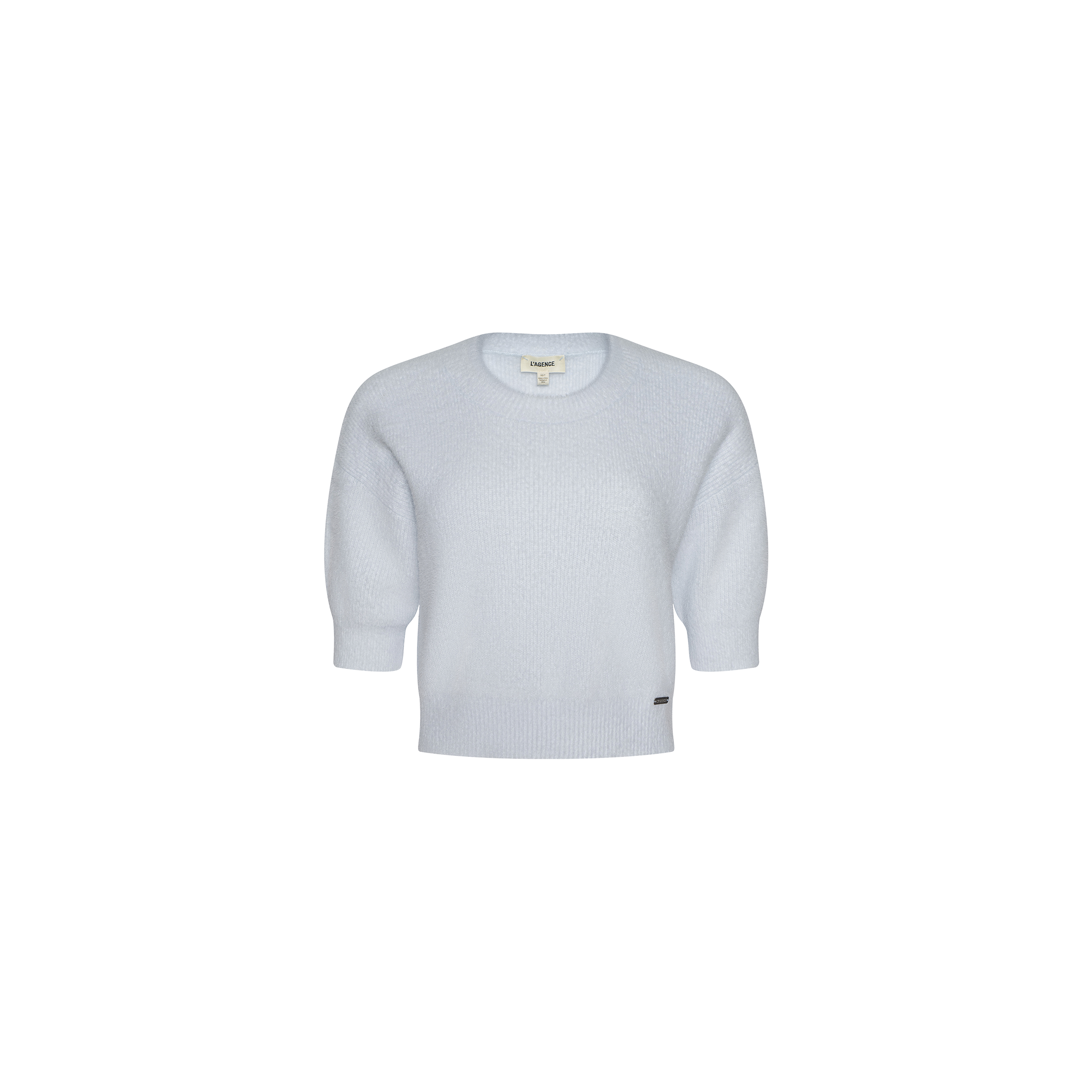 Guinevere Cropped Pullover in light blue features a soft knit texture, long sleeves with ribbed cuffs, and a classic crewneck silhouette, shown against a plain white background.