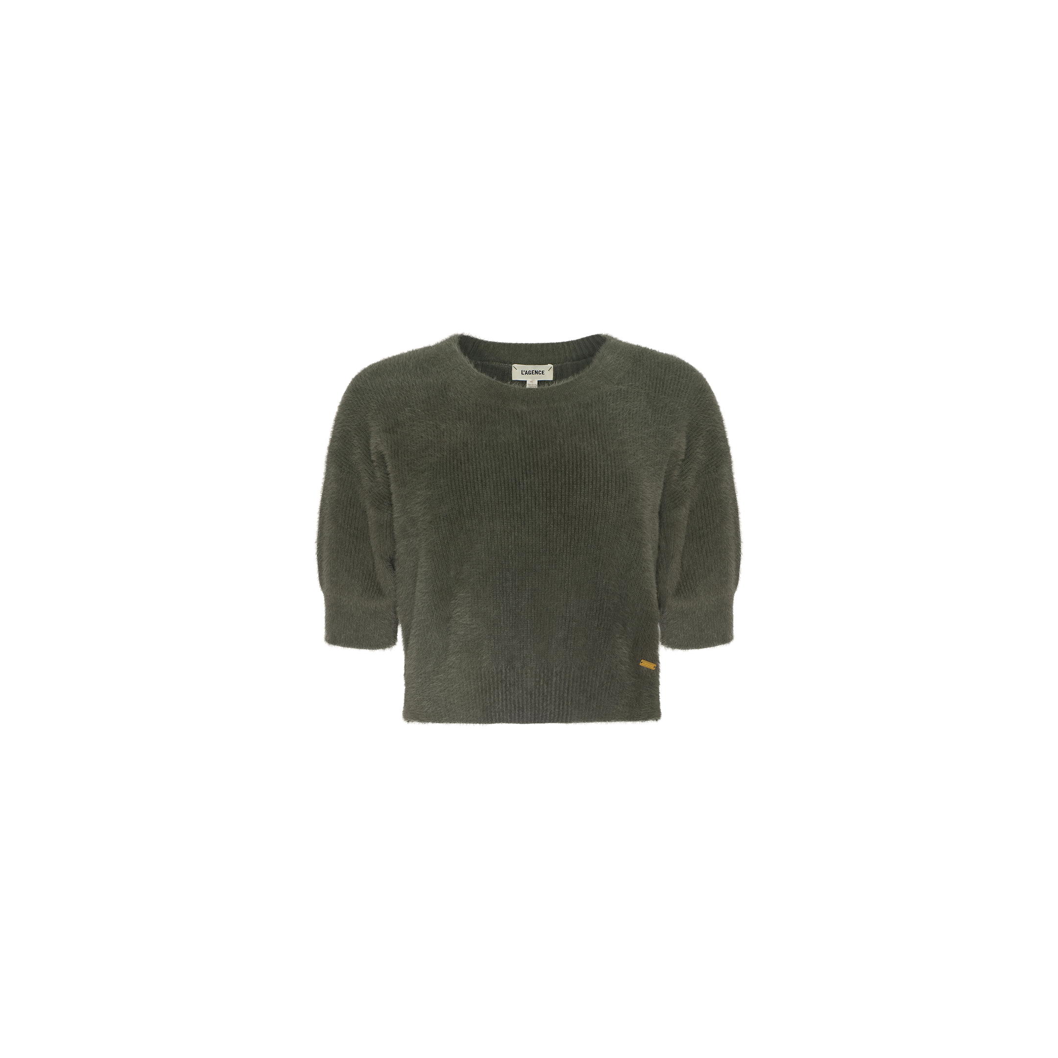 Guinevere Cropped Pullover in dark olive green, featuring long sleeves and a crewneck with a relaxed fit. Displayed against a plain white background, this sweater includes a small tag near the bottom hem.