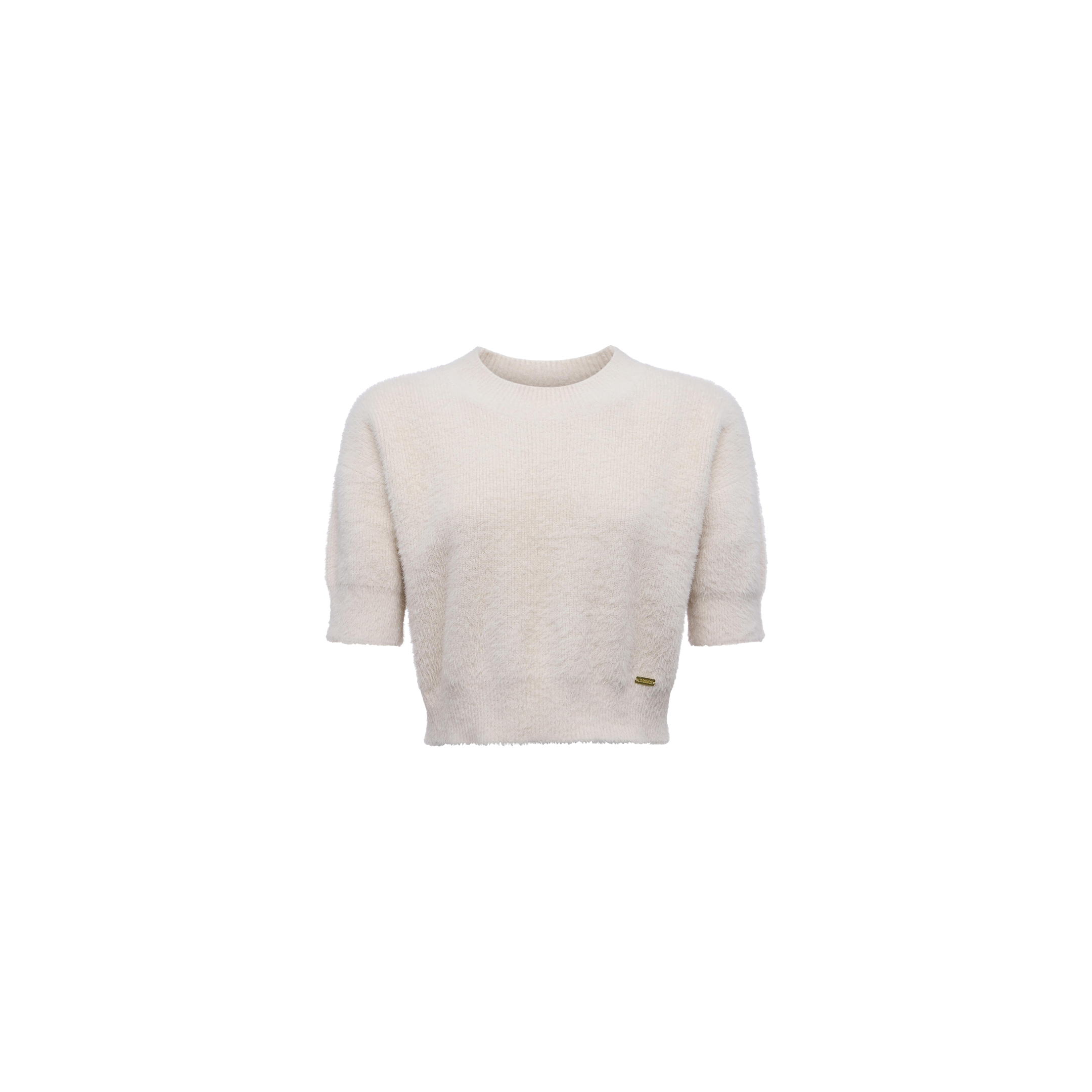 The Guinevere Cropped Pullover, an ultra-soft knit short-sleeve crewneck sweater in cream with a round neckline and a small gold tag near the hem, is displayed on a plain white background.