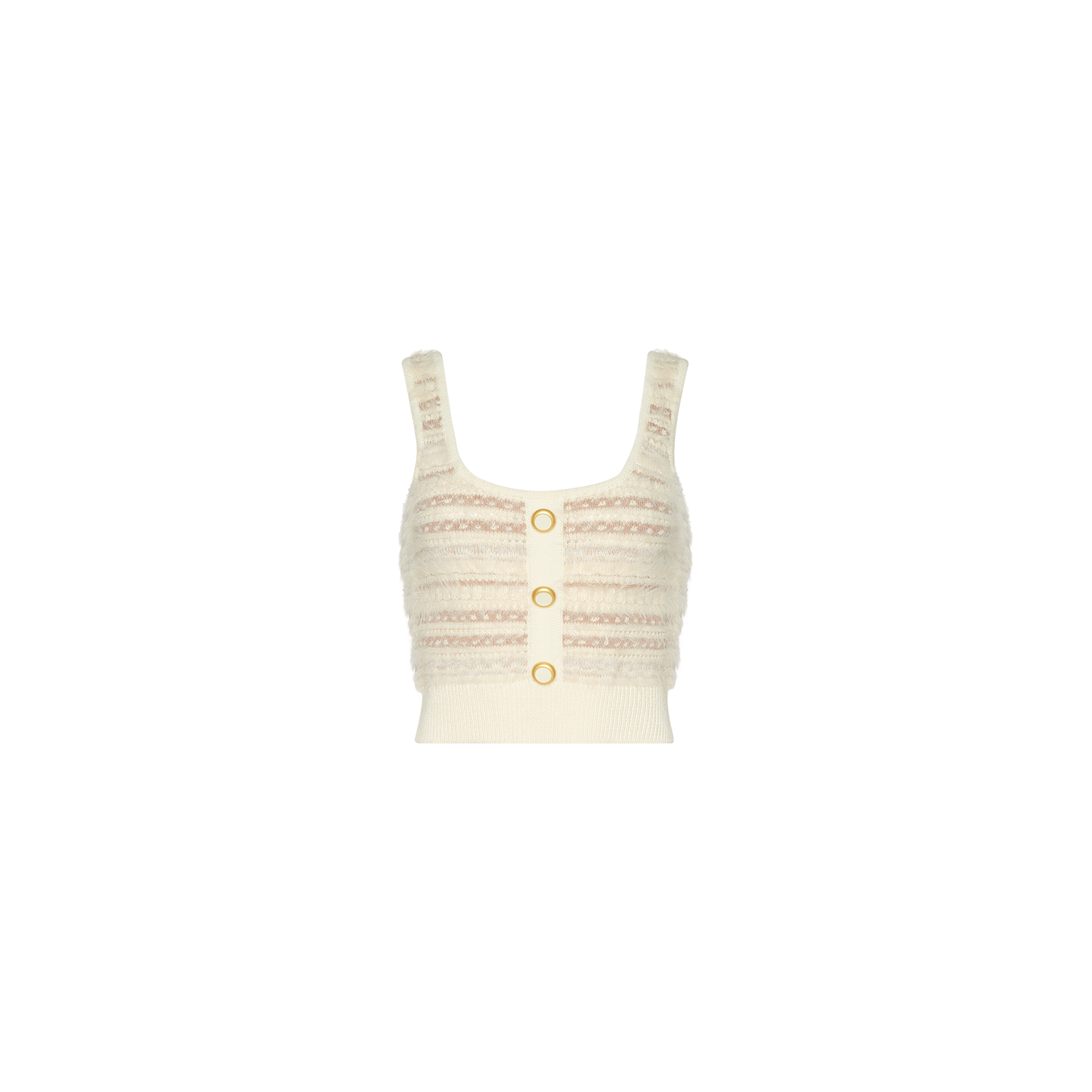 The Galene Tank is a cream-colored cropped knit tank featuring wide straps, decorative buttons along the front, and a subtle horizontal stripe pattern in light pink and beige tones. The garment is shown against a white background.