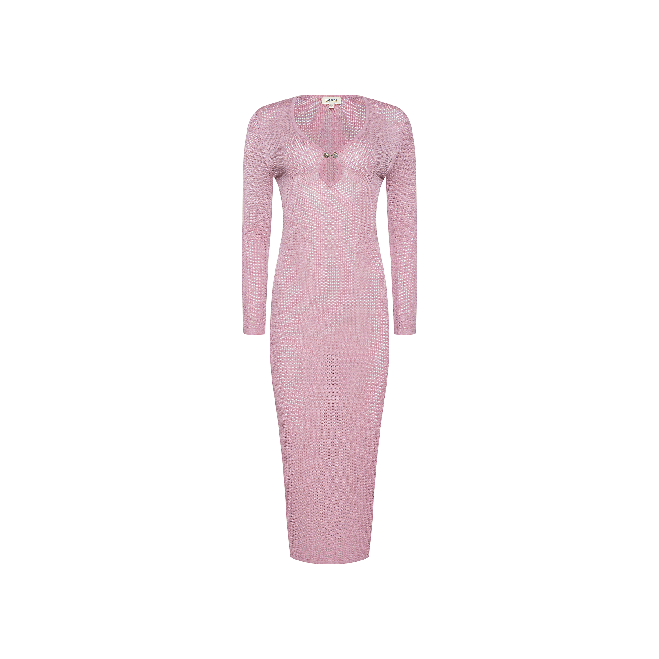 Sydney Knit Dress: A long-sleeved, form-fitting midi dress in light pink, featuring a pointelle knit texture and a round neckline with two small buttons near the collar.