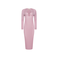 Sydney Knit Dress: A long-sleeved, form-fitting midi dress in light pink, featuring a pointelle knit texture and a round neckline with two small buttons near the collar.