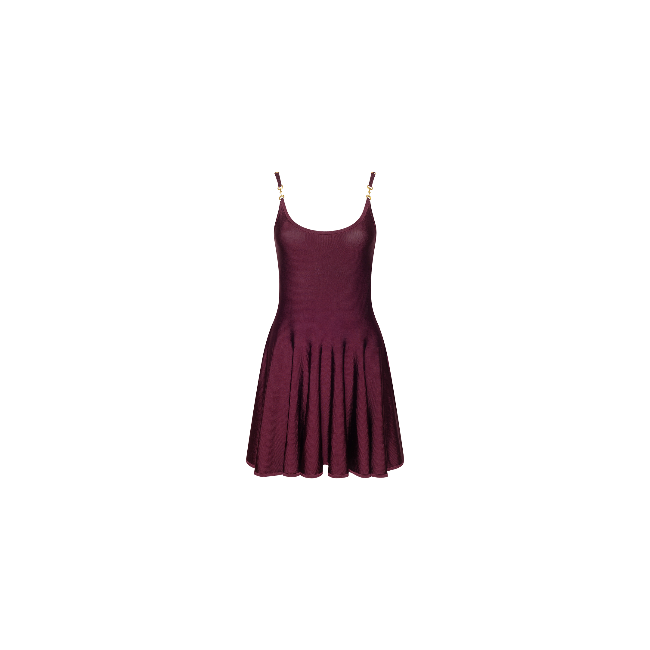 The Lana Flare Knit Dress is a sleeveless burgundy skater day dress featuring a scoop neckline, fitted bodice, and flared stretch knit skirt, displayed on a plain white background.