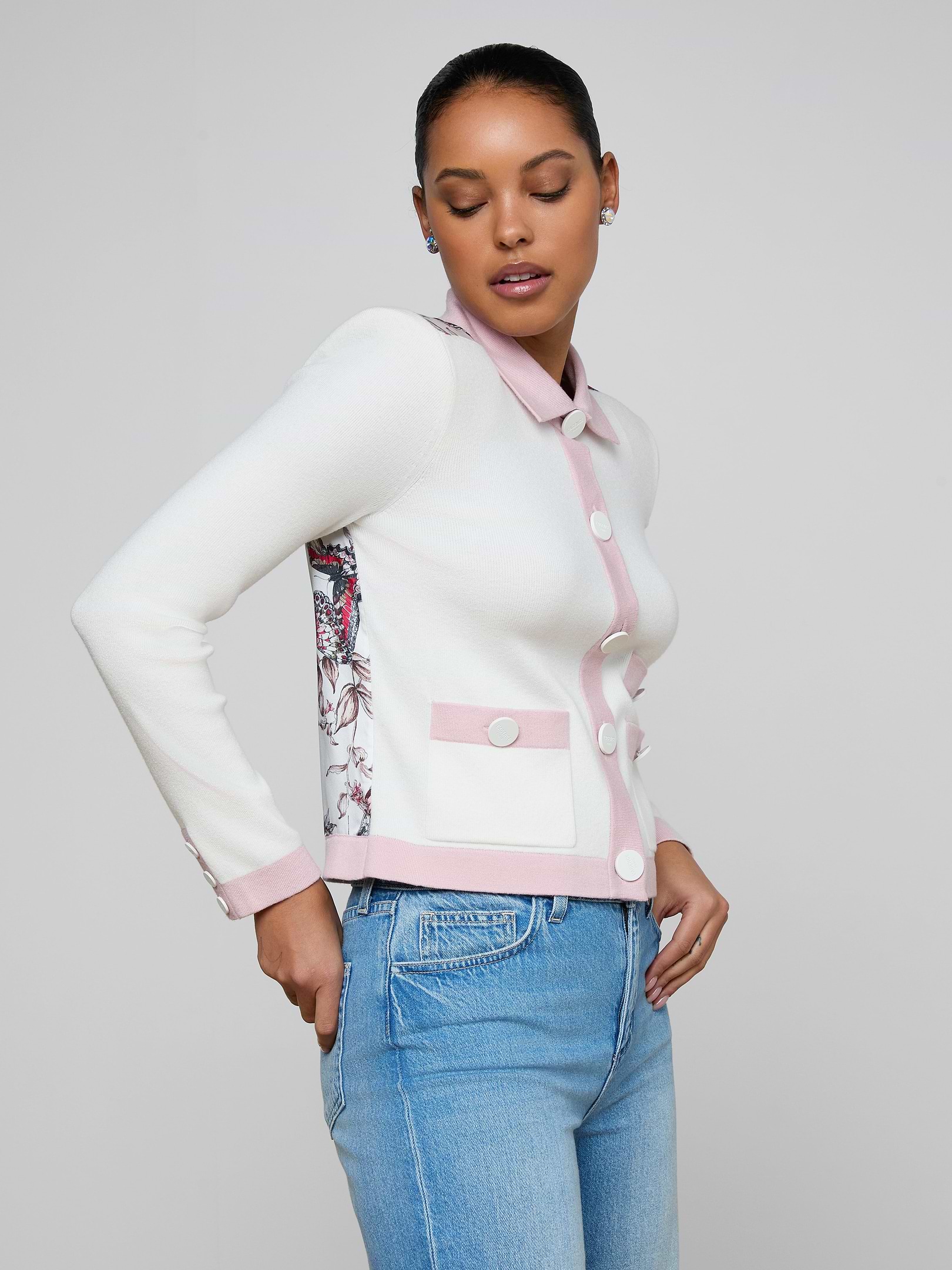 Nomi Satin Back Cardigan in Ivory/Pink/Multi Butterfly Jungle | L