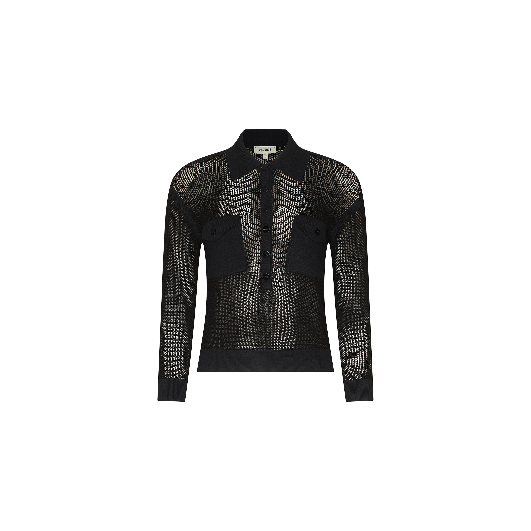 The Carine Top is a black, long-sleeve sheer mesh shirt featuring a collar, button placket down the front, and two flap chest pockets.