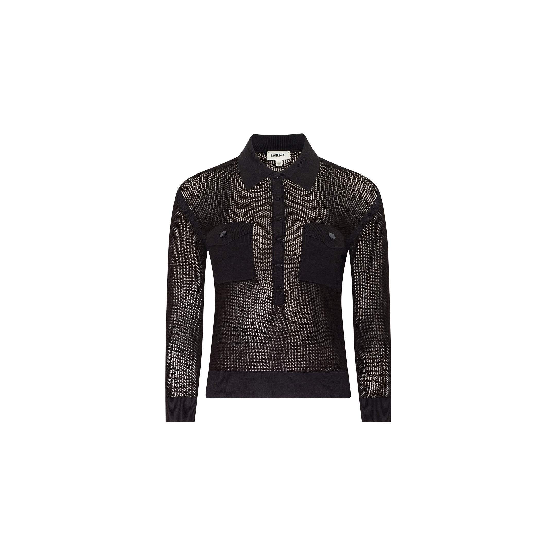 Introducing the Carine Top: a black, long-sleeve sheer mesh polo shirt, featuring a collar, front button placket, and two chest pockets with flaps. Crafted from lightweight knit for an effortlessly modern touch—perfect for Fall 2026.
