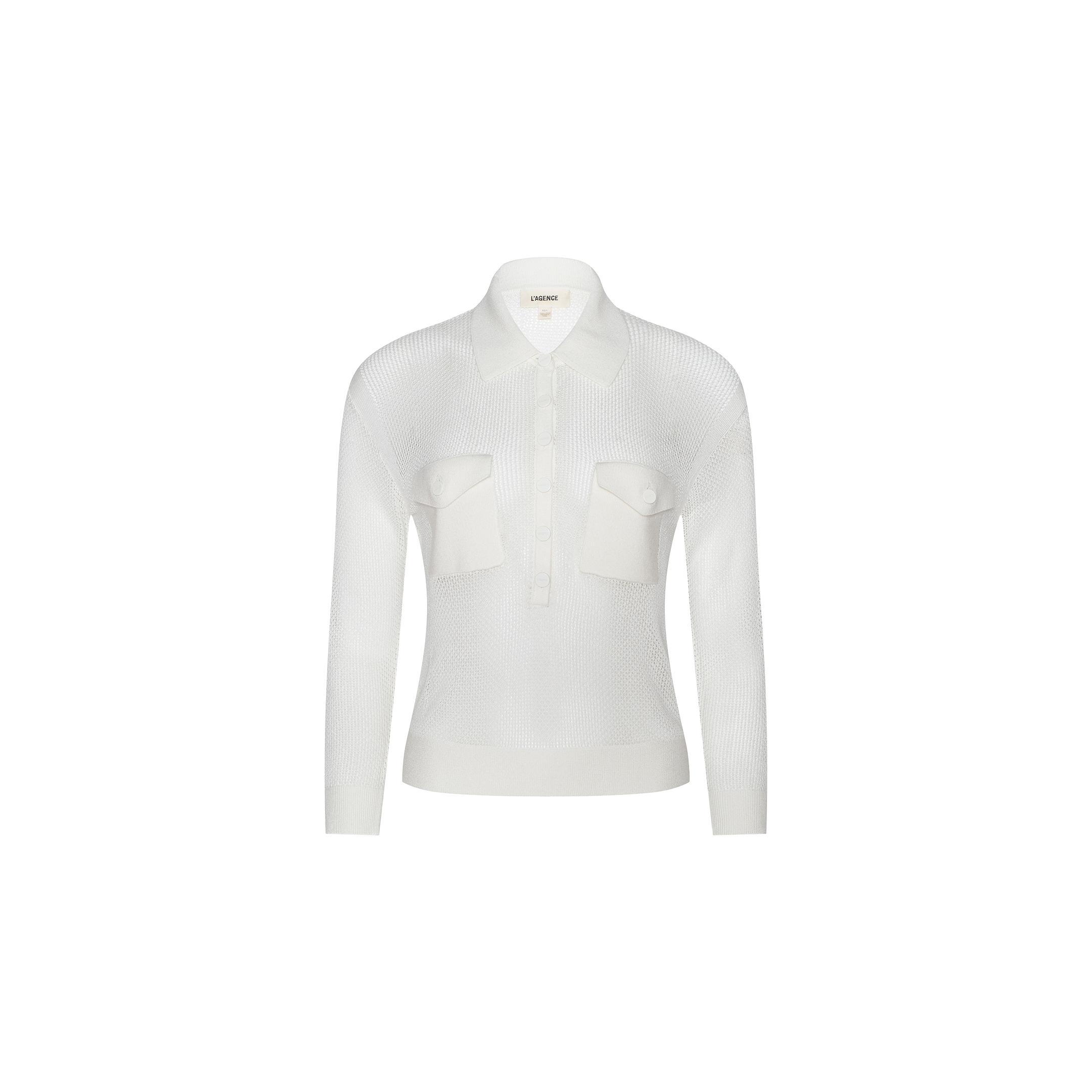 White long-sleeve collared Carine Top featuring two front utility pockets, a button-down neckline, and a fitted silhouette crafted from lightweight knit fabric, shown against a plain white background.