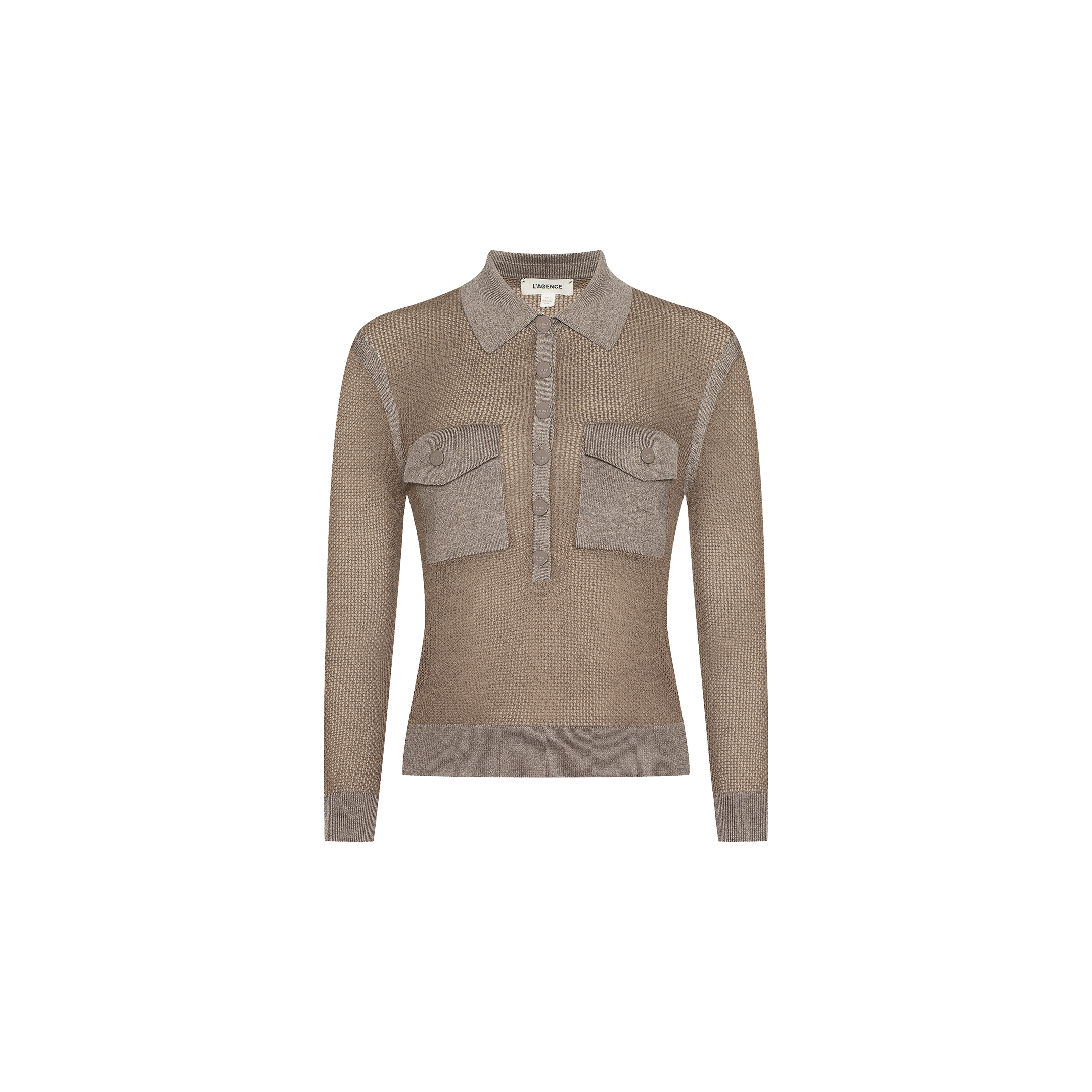 The Carine Top is a long-sleeve, light brown collared sweater crafted from lightweight knit fabric, featuring two spacious utility chest pockets and front button details, showcased against a plain white background.