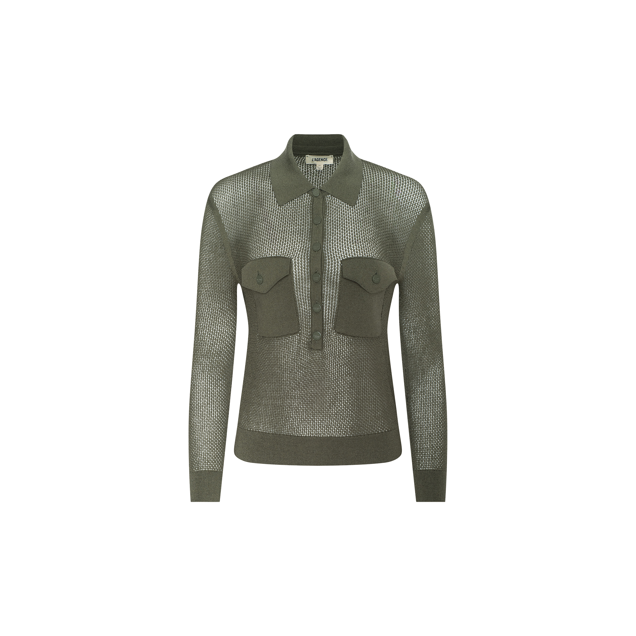 Olive green lightweight knit long-sleeve Carine Top with a collar, half-zip front, and two buttoned chest pockets, displayed on a plain white background. This top offers both comfort and style.