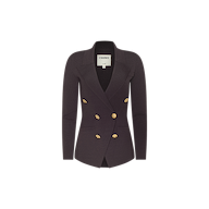 The Amelia Knit Blazer, a tailored black blazer with gold buttons, features a double-breasted design, notched lapels, and soft tailoring, displayed on a plain white background.