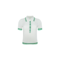 The Calvin Polo Top is a white, short-sleeve featherweight knit tennis polo highlighted by green stripes adorning the collar, sleeves, and button placket, finished with a signature logo patch and presented against a plain white background.
