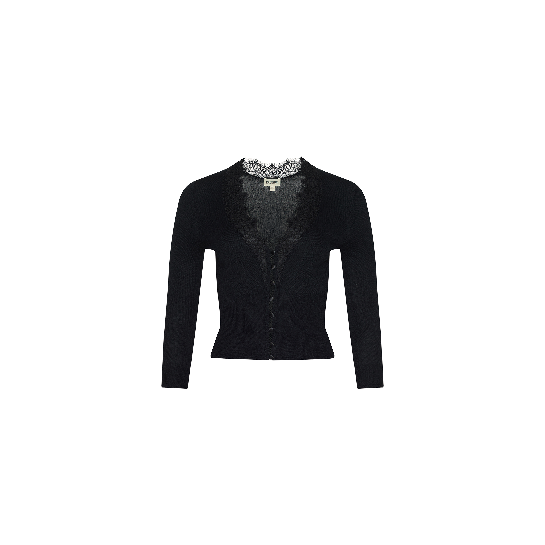 The Eluna Cardigan Top is a black wool-blend piece with long sleeves and front button closure, highlighted by a delicate lace inset trim around the neckline and opening, shown against a plain white background.