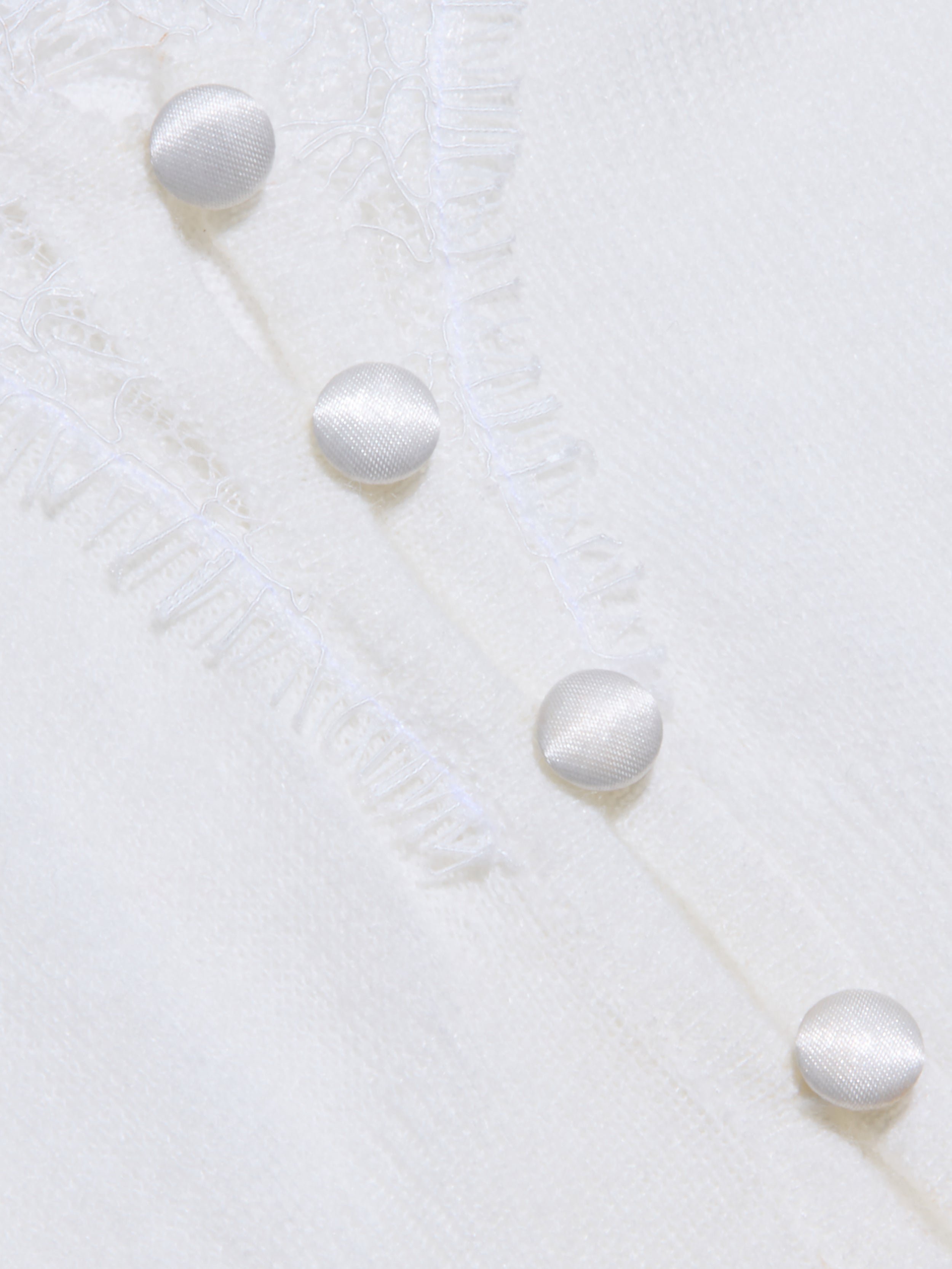 Close-up of the Eluna Cardigan Top’s white featherweight knit fabric, featuring five satin-covered buttons and delicate stitching details—fringed edges and embroidered lines add texture and elegance to its appearance.