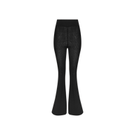 The Conan Knit Pant in black features a high-rise waist and ribbed knit fabric with a flared silhouette, shown against a plain white background.