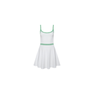 Lilibet Knit Tennis Dress in white, featuring a sleeveless design with a flared skirt, green trim along the neckline and straps, and a green stripe at the waist; includes built-in shorts and is displayed on a plain white background.