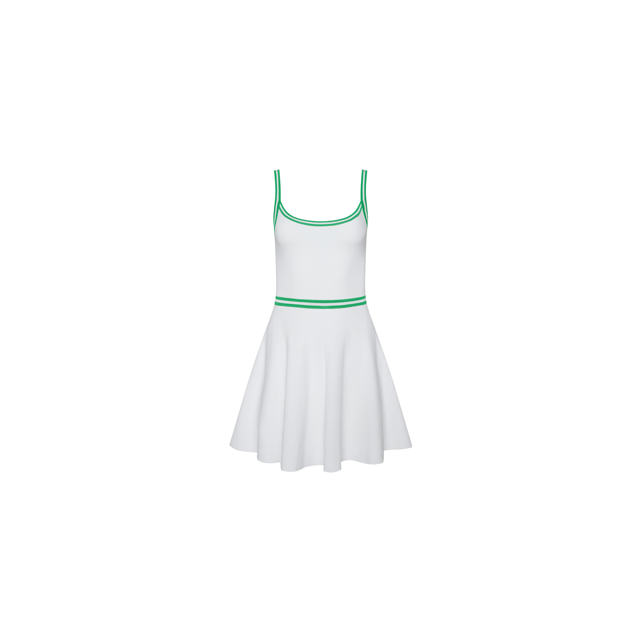 Lilibet Knit Tennis Dress in white, featuring a sleeveless design with a flared skirt, green trim along the neckline and straps, and a green stripe at the waist; includes built-in shorts and is displayed on a plain white background.