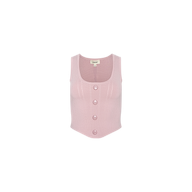 Dove Knit Corset Top in light pink features a power knit fabric, sleeveless design, four large front buttons, scoop neckline, and a slightly curved hemline, shown against a plain white background.