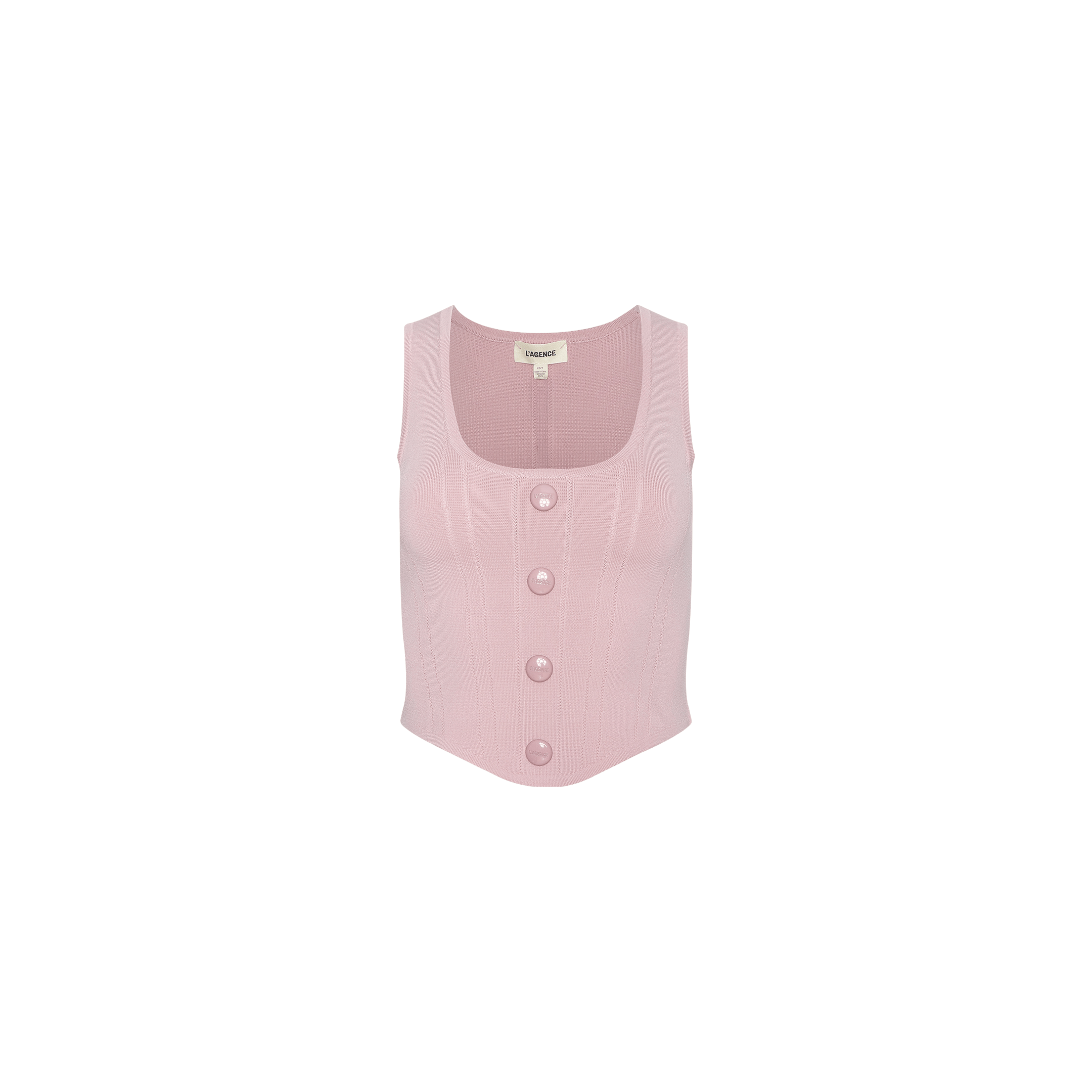 Dove Knit Corset Top in light pink features a power knit fabric, sleeveless design, four large front buttons, scoop neckline, and a slightly curved hemline, shown against a plain white background.