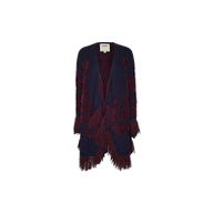 The Naiad Jacquard Fringe Cardigan features a navy blue open-front design with burgundy floral jacquard patterns and vintage-inspired fringe detailing on the sleeves and hem, displayed against a plain white background.