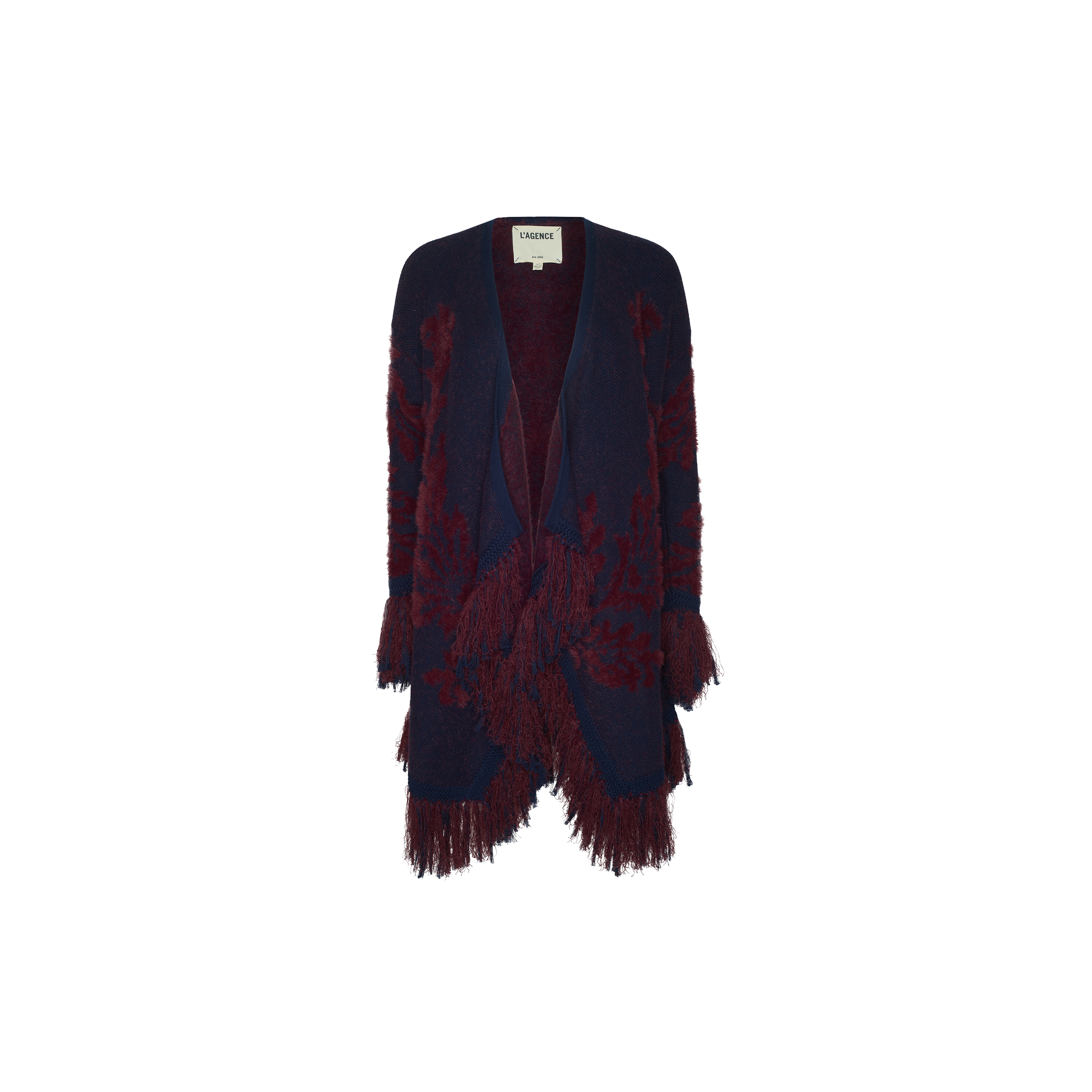 The Naiad Jacquard Fringe Cardigan features a navy blue open-front design with burgundy floral jacquard patterns and vintage-inspired fringe detailing on the sleeves and hem, displayed against a plain white background.
