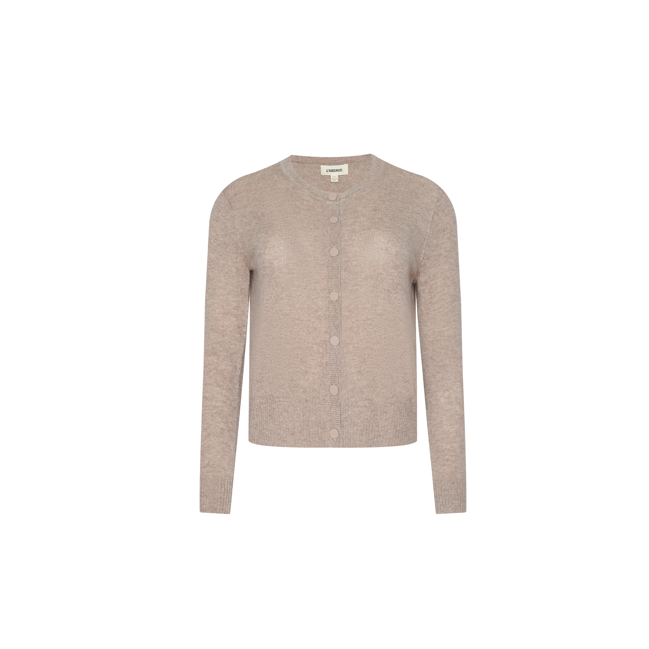 Malone Cashmere Cardigan in light beige featuring a crew neckline and front button closure, displayed on a plain white background.