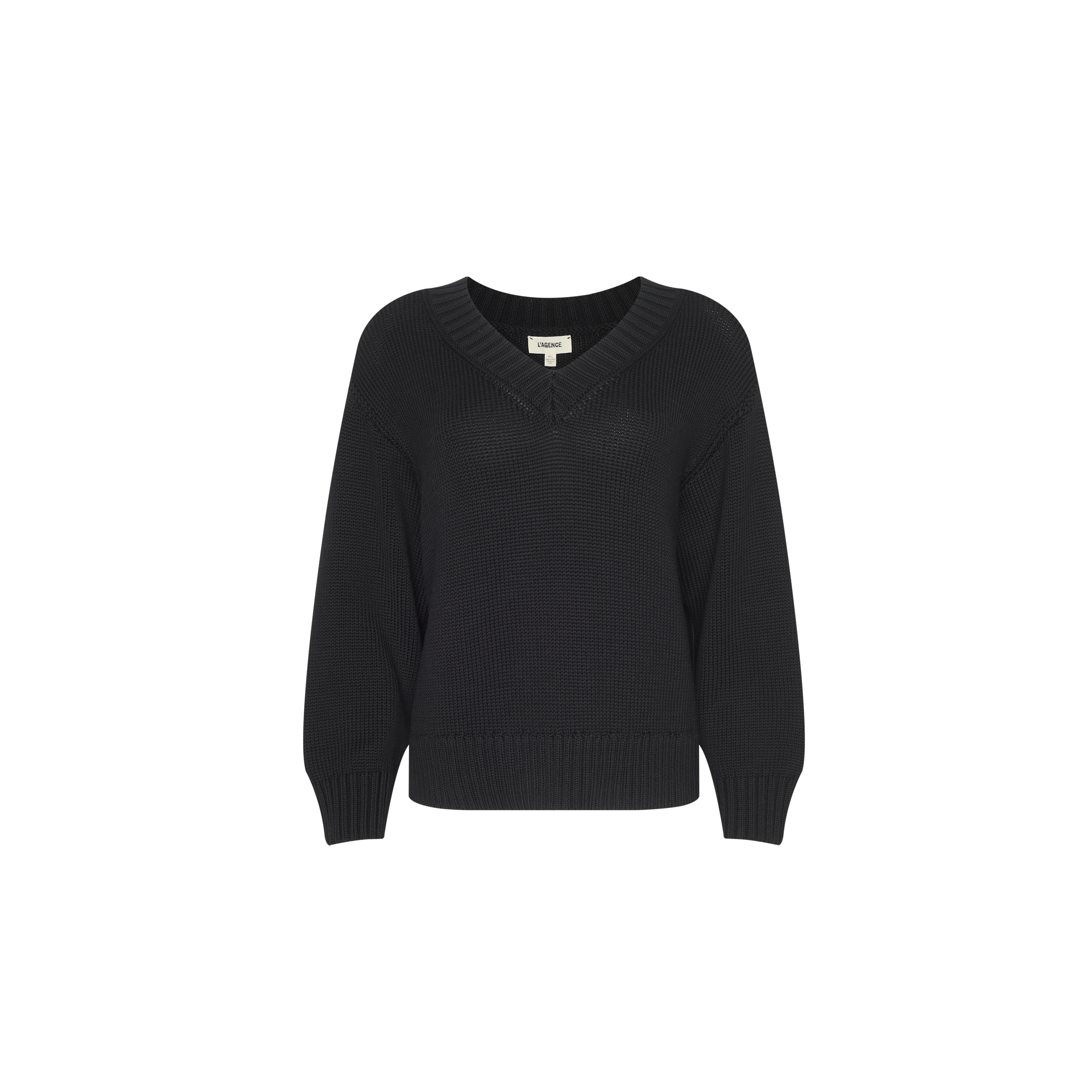 The Paxton Oversized Pullover is a black knitted cotton sweater with long sleeves and a V-neckline, displayed on a plain white background. This sweater features ribbed cuffs, hem, and collar, and offers a relaxed oversized fit.