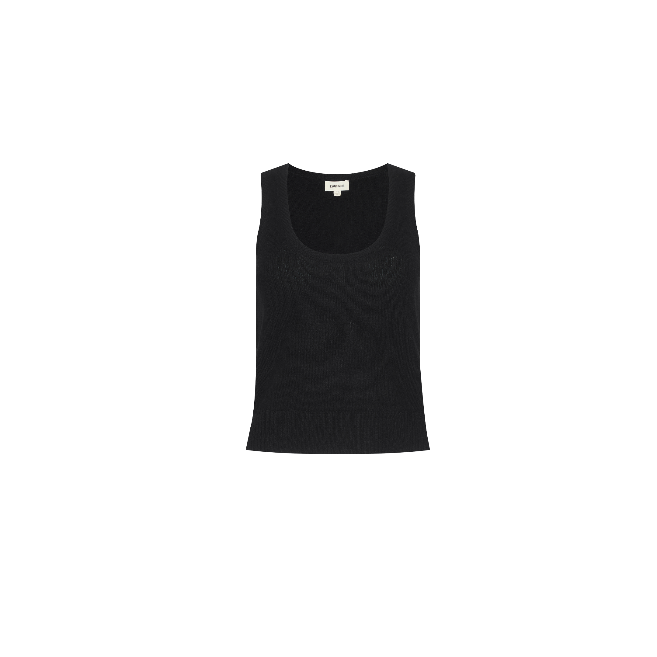 The Filou Cashmere Tank is a black, sleeveless knit top with a scoop neckline, perfect for luxury layering or elevating your sweater capsule wardrobe, shown against a plain white background.