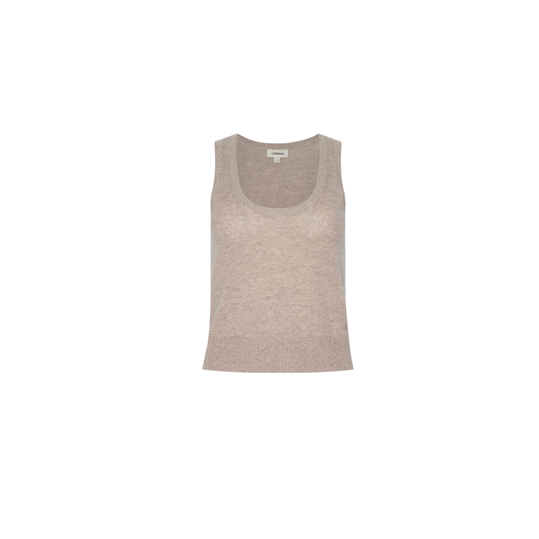 The Filou Cashmere Tank is a beige, lightweight, sleeveless knit top with a scoop neckline, shown against a plain white background.